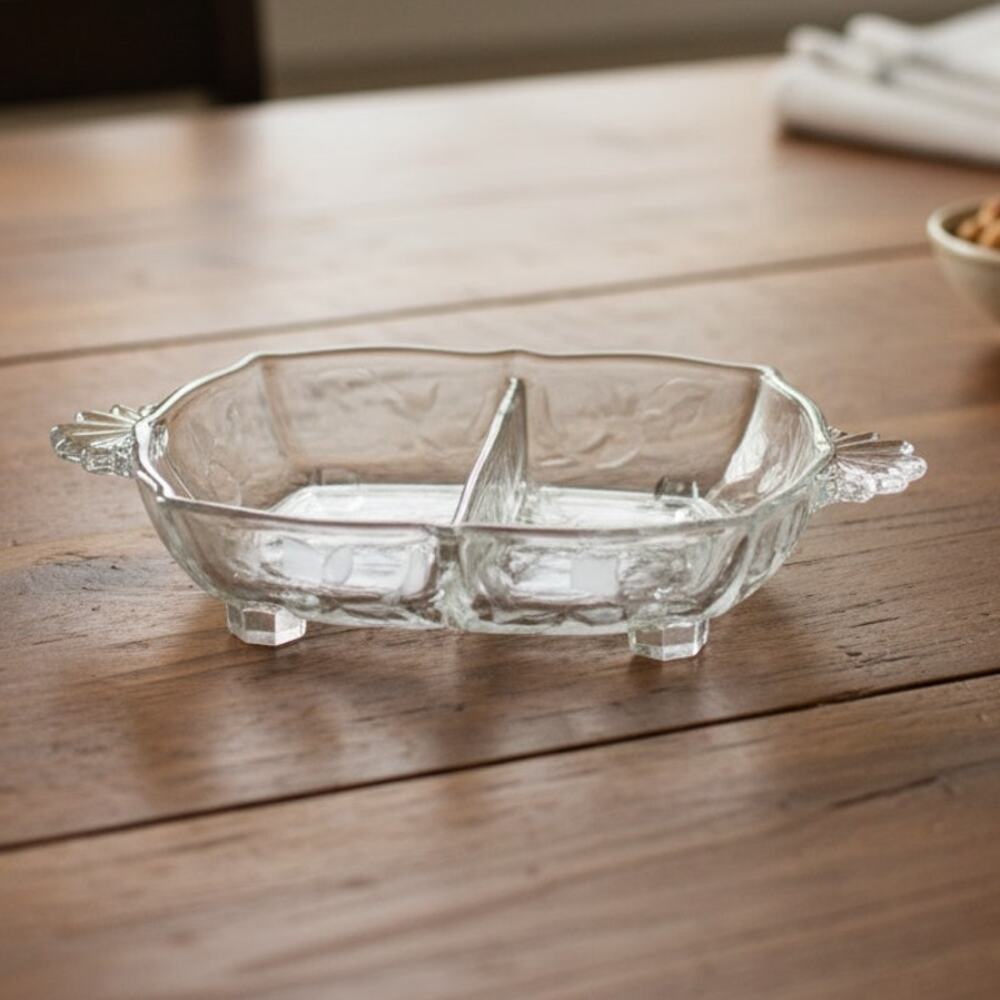Fostoria Style Etched Glass Divided Dish Rose Floral Relish Candy Server